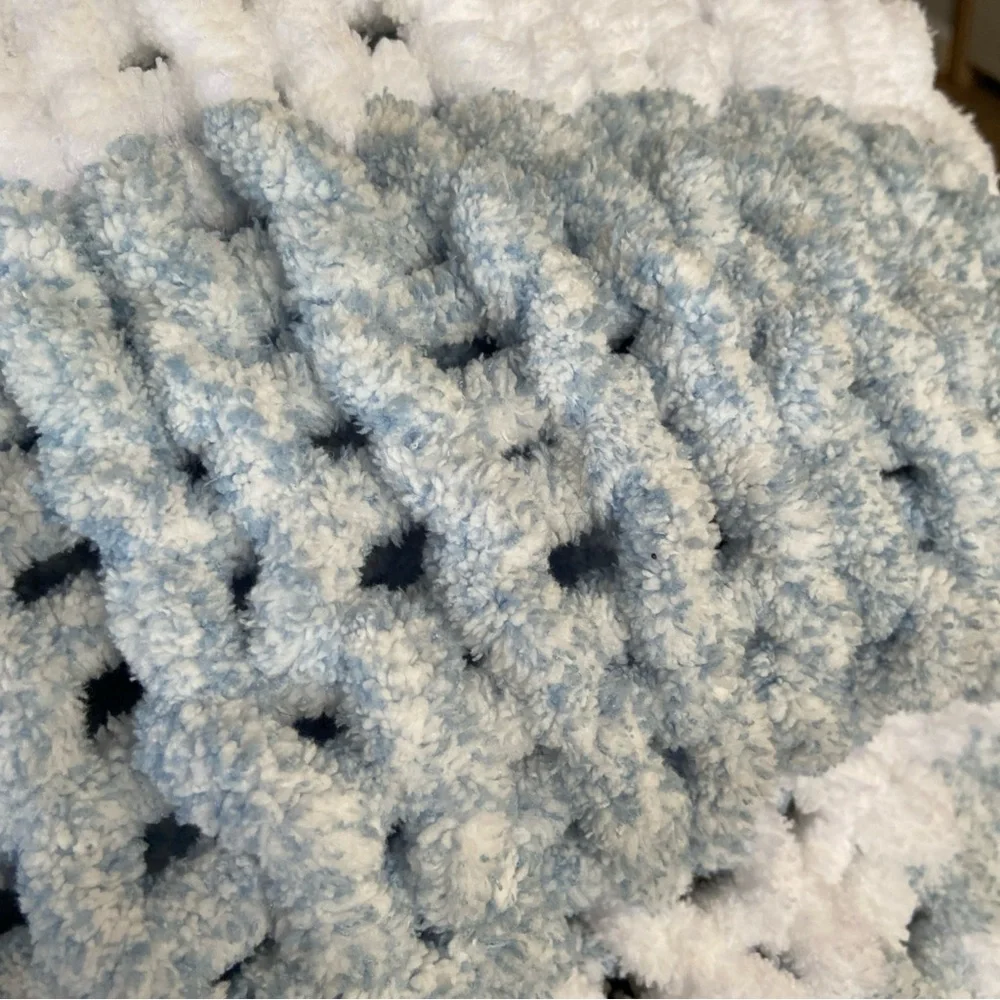 Chunky Knit Baby Blanket in Blue and White 48 x 44 Handmade